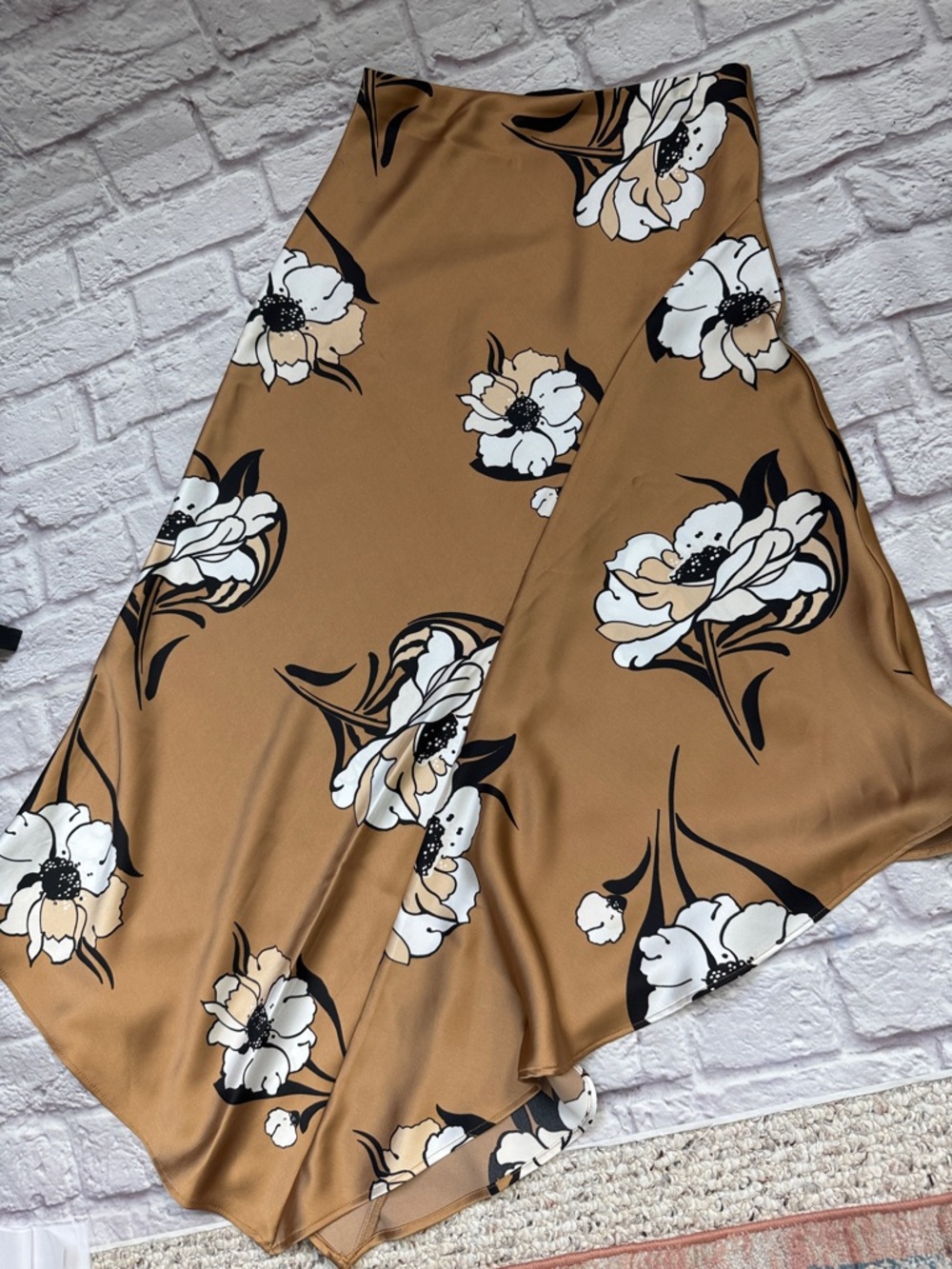 WHBM Women’s Floral Midi Skirt in Camel with White Blooms fall silk skirt